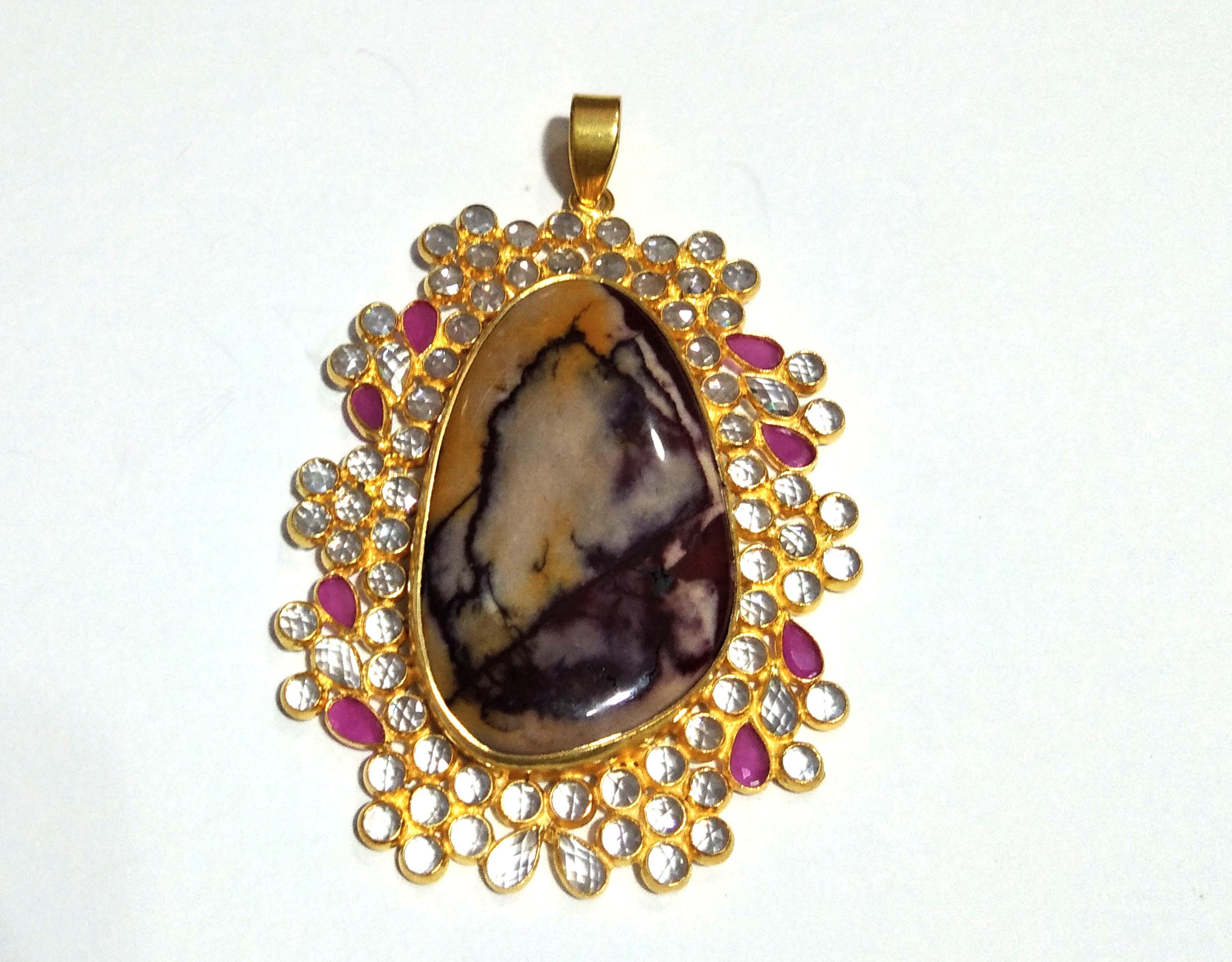 Natural Mookite Jasper, White Zircon Stone Pendant, Solid 925 Starling Silver Gold Plated Pendant, Stone Size 42x24 mm Halloween day Pendant